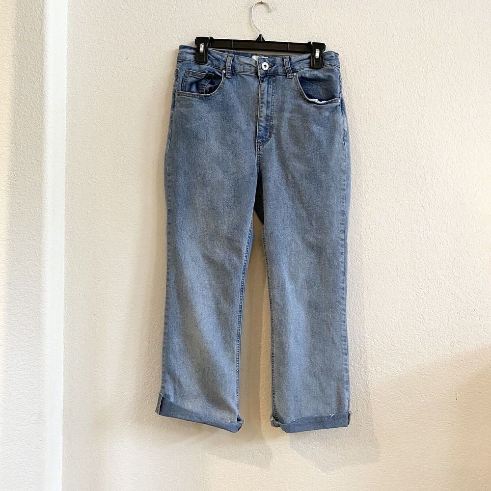 Cotton On 91 Womens High Rise Wide Cropped Blue Jeans Frayed Grazer Flare 8